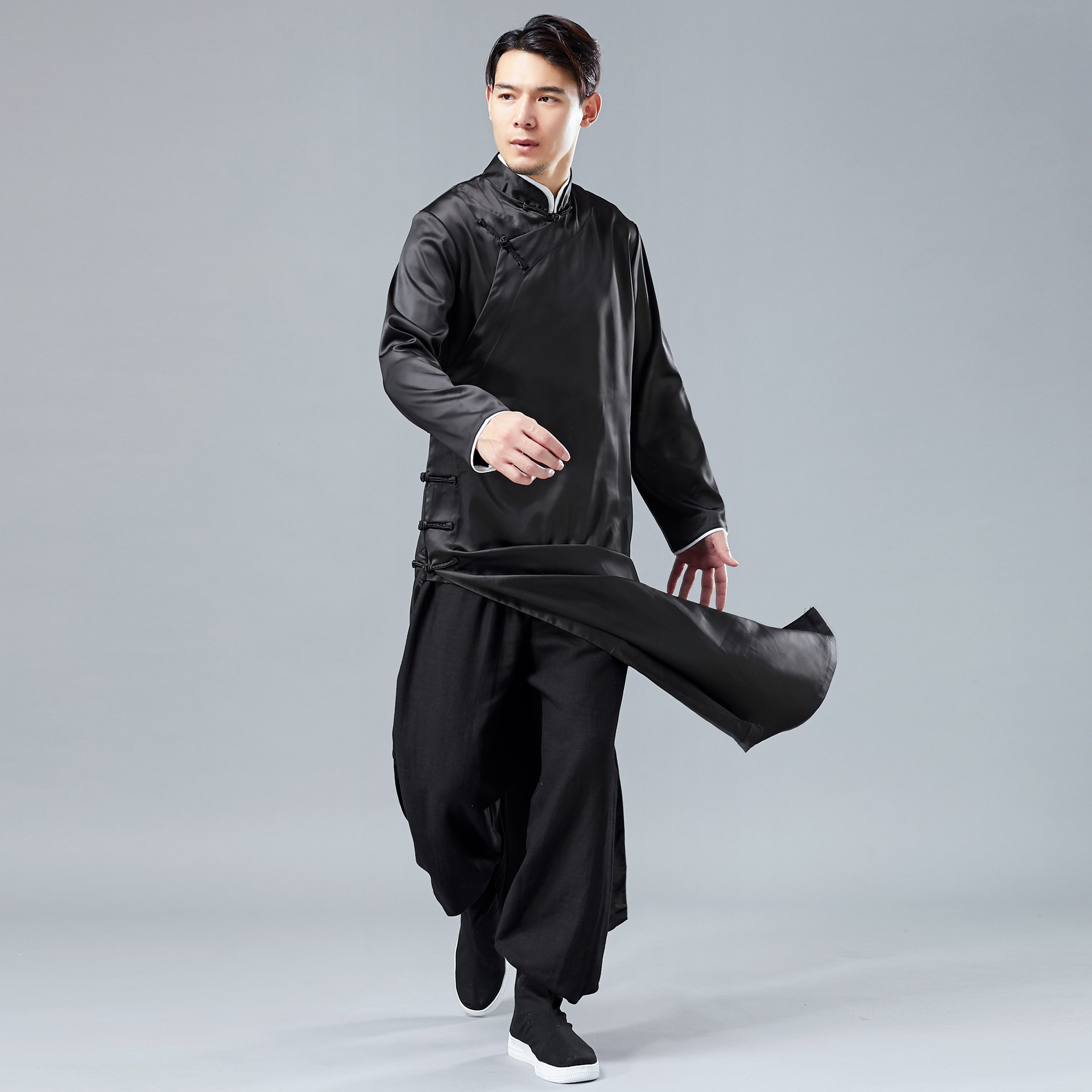 IEFB /men's wear spring satin gown robe Chinese style national costume long sleeve vent hem clothes 9Y1242