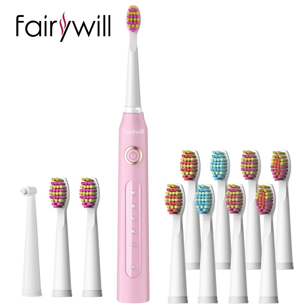 Fairywill FW-507 Electric Sonic Toothbrush Waterproof USB Charge Rechargeable Adult Electronic Tooth 8 Brushes Replacement Heads: FW-ET507Pink.FW04-2
