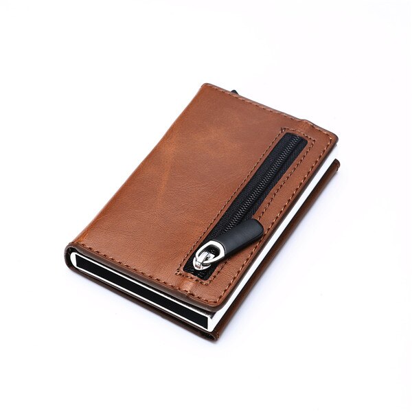 BISI GORO Credit Card Holder Aluminum Box Card Wallet RFID PU Leather Pop Up Card Case Magnet Carbon Fiber Coin Purse: Brown X-52