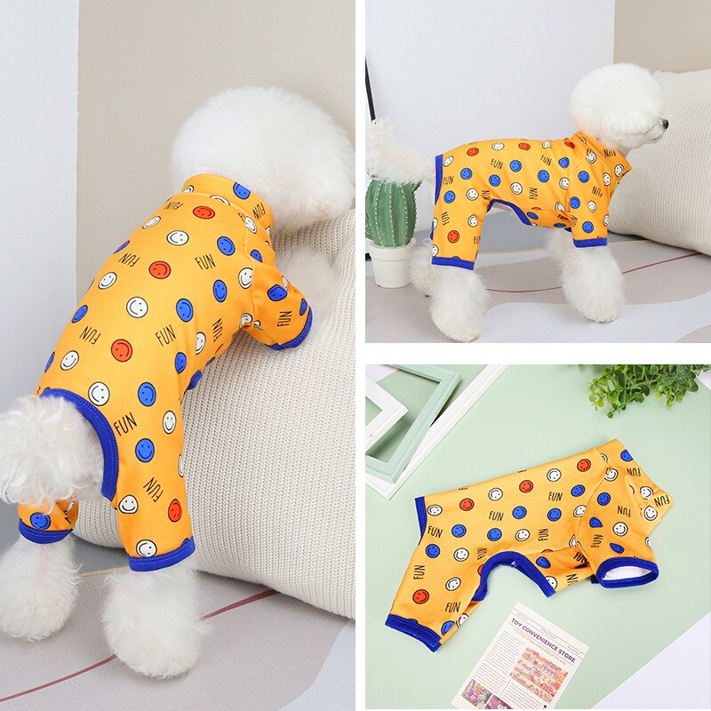Niedlicher hundepyjama für kleine hunde, hundeoverall mit smiley-drucken, schnauzer- und Chihuahua-kleidung, frühlings- und sommeroutfits für yorkshire Terrier und welpen: Gelb / Xl