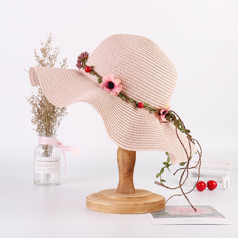 Bloemen ouder-kind Zomer Meisje Zonnehoed Cap Rose Rood Bruin Licht Roze Stro Platte Top Zomer strand Strooien Hoed Strand Caps