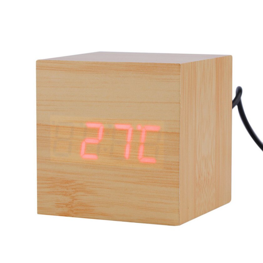 4Colors Wooden Square LED Alarm Clock Desktop Digital Clock Thermometer Wood USB Date Display Touch Enabled