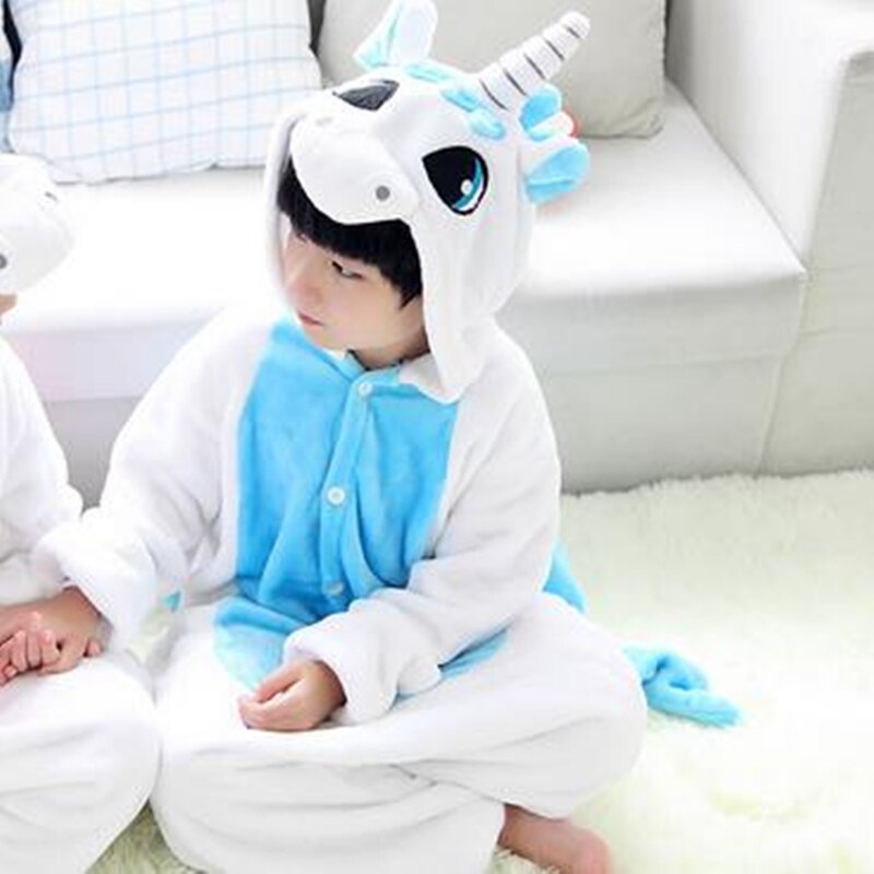 1 pc flannel enhjørning dyr siamesisk pyjamas jakkesæt børn boligindretning koral fortykkelse toilet version af baby ftst 0143: Blå / 7