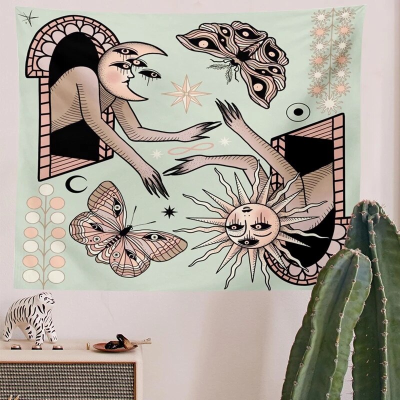 Sun Moon Stars Tapestry Teal Moth Hippies Celestial Wall Hanging Indian Trippy Bohemian Tapestries Wall Tapestry Room Decor