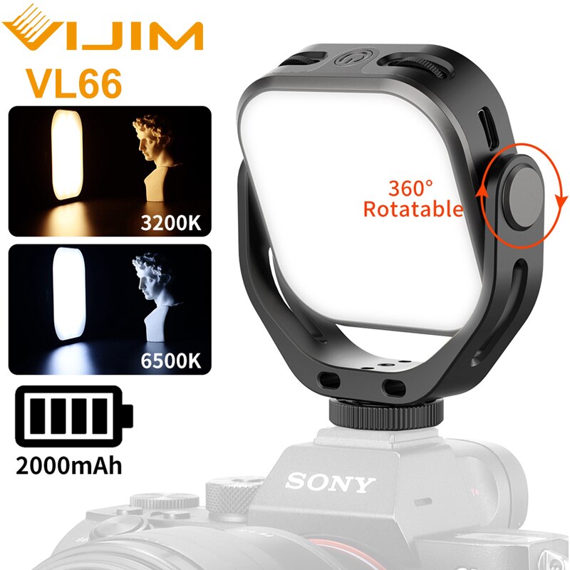 Vijim-luz de led com rotação 3200 ° vl66, luz de preenchimento 6500k-360 k para vlog, com bateria de 2000mah integrada e suporte para luz fria