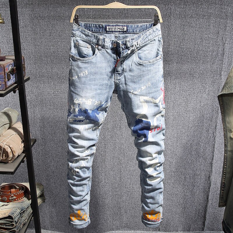 Newly Streetwear Men Jeans Light Blue Slim Fit Printed Jeans Men Elastic Denim Pencil Pants Hip Hop Jeans Homme