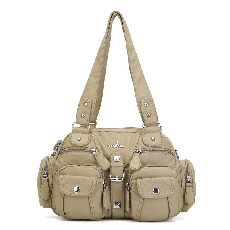 Bolso de mano de piel sintética con gran capacidad para mujer, bolso bandolera con dos compartimentos y muchos bolsillos, Angel Kiss: Apricot