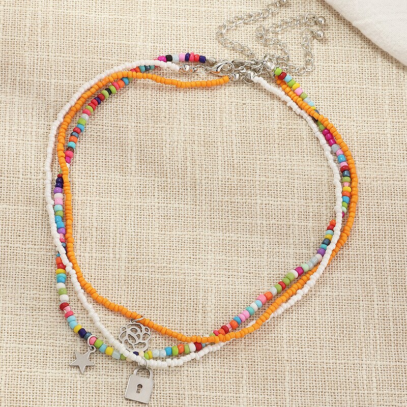 Bohemian Multilayer Zaad Kraal Ster Maan Vlinder Hanger Ketting Voor Vrouwen Mode Strand Eenvoudige Lock Choker Kraag: 04