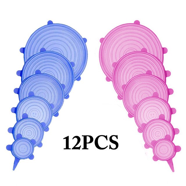 12 PCS Round Reusable Silicone Food Cover Elastic Stretch Adjustable Bowl Lids Kitchen Wrap Seal Fresh Keeping Silicone Caps: Blue Pink