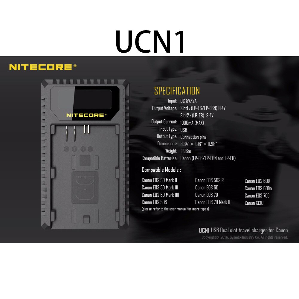 Nitecore Reizen Camera Charger USN1 voor Sony NP-FW50.UNK1 voor Nikon EN-EL14 EN-EL14a EN-EL15. UCN1 voor Canon EOS LP-E6