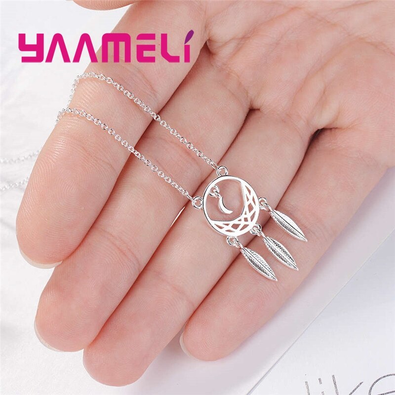 Moon Leaves Pendant 925 Sterling Silver Necklace 18" Chain For Woman Girls Banquet Accessories