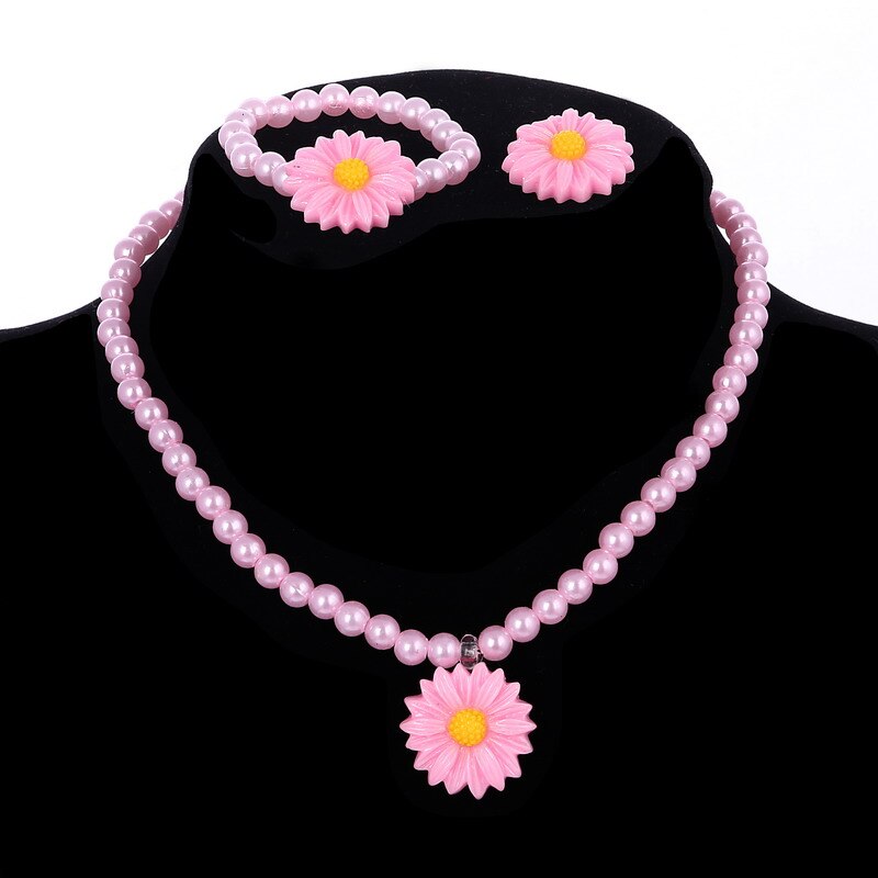 Ensemble de bijoux pour enfants, perle imitation perlée, meilleur bébé Rose fille, fleur Rose, collier, Bracelet, bague: F496