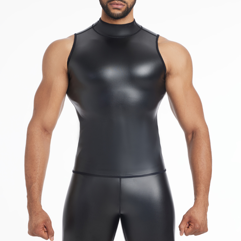 Camisa de S-6XL para hombre, chaleco de piel sintética, camiseta interior con aspecto húmedo, camiseta sin mangas, camiseta interior de cuero PU, traje informal, camisas negras
