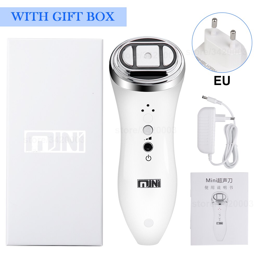 Ultrasonic Mini HIFU RF Radio Frequency Massager For Face Anti Wrinkle Facial Lifting Machine Skin Tightening Beauty Devices: eu plug box