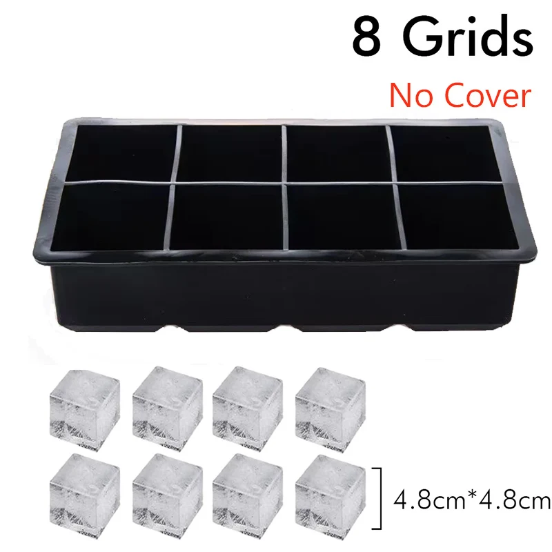 Bandeja para cubitos de hielo de silicona con rejilla 4/6/8, molde grande para cubitos de hielo, fabricante de cubitos de hielo cuadrado, molde para cubitos de hielo reutilizable de alimentaria, molde para hielo de whisky: Negro