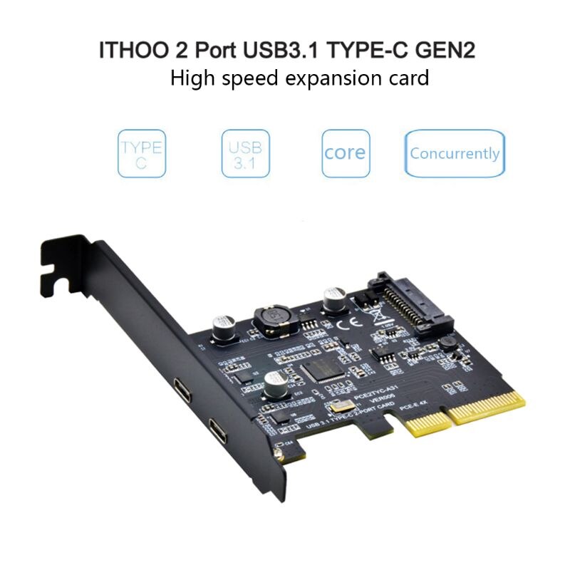 USB3.1 to Type-C 2Port Expansion Card PCI-E4X to USB3.1 Gen2 10Gbps USBC Adapter: Default Title