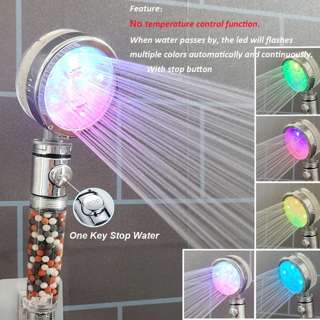 Cabezal de ducha LED de 3/7 colores, luz de ducha LED que cambia automáticamente de Color, cabezal de ducha ahorrador de agua, accesorios de baño: Negro