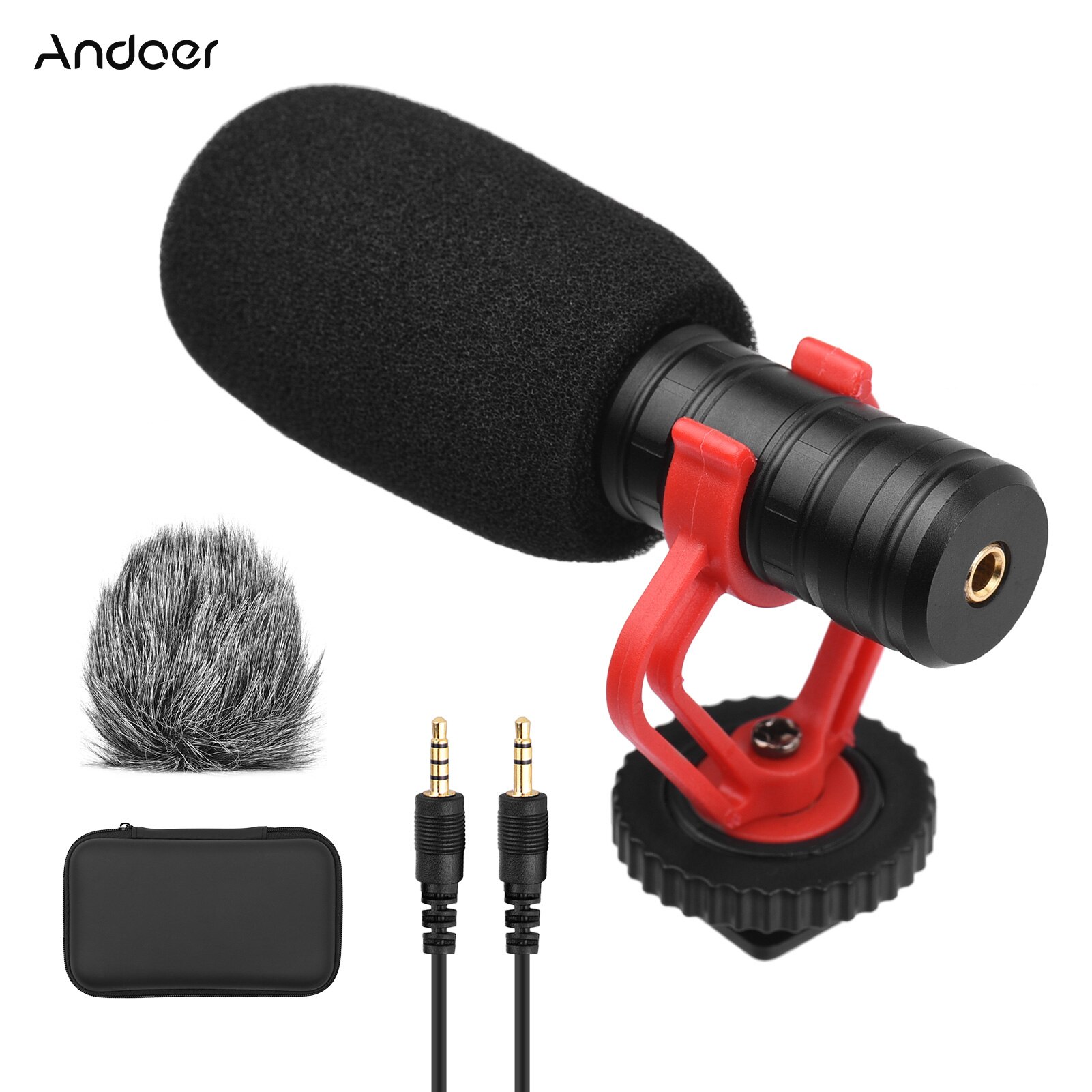 Andoer Camera Microphone Cardioid Condenser Mic with 3.5mm Port Anti-Shock Mount Sponge &amp; Furry Windshield Carrying Case Record