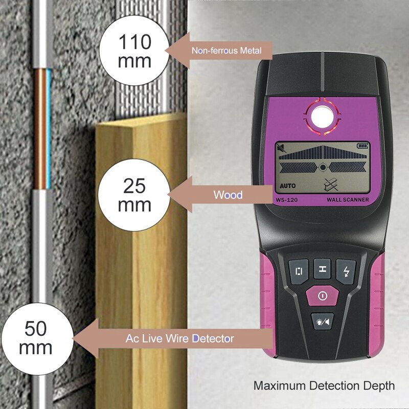 Fijnheidsmeter metalen en non-ferro metalen koper hout wisselstroomkabel knipperend led-lampje en pieptoonindicatie wanddetector