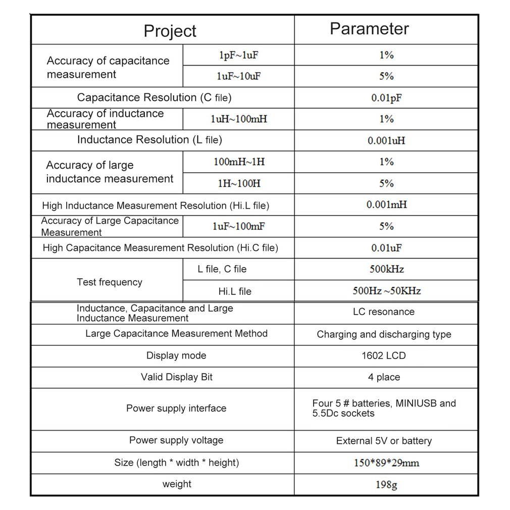 Digital LCD Capacitance LC Meter LC200A Inductive Inductance Tester Inductor Capacitor Table 1pF-100mF 1uH-100H with Adapter
