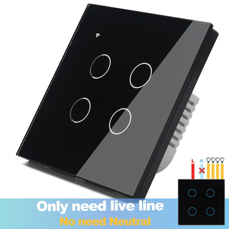 (No need neutral) WIFI Touch Light Wall Switch White Glass Blue LED Smart Home Phone Control 4 Gang 2 Way Alexa Google Home: 4GangBlackR