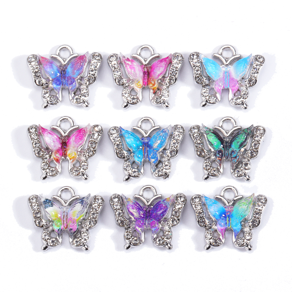 10 Uds. De dijes de animales de mariposa de cristal de colores mezclados, pendientes dulces para mujer, accesorios de pulsera, suministros de joyería Diy
