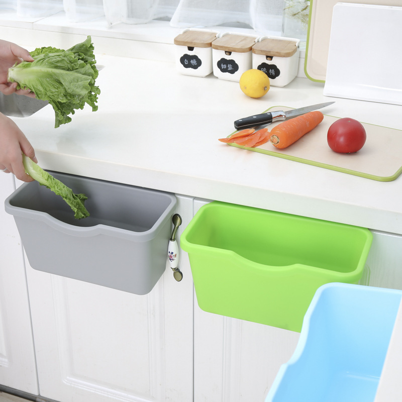 Cesta de plástico para colgar, cubo de basura, caja de almacenamiento, soporte de escritorio para cocina, puerta de armario