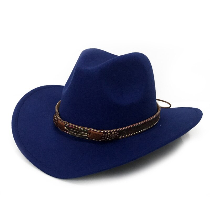 Europeos de ala ancha vaquero sombrero Panamá sombrero de fieltro tipo Jazz sombreros con hebilla de cuero liso de lana sombrero para hombres y mujeres
