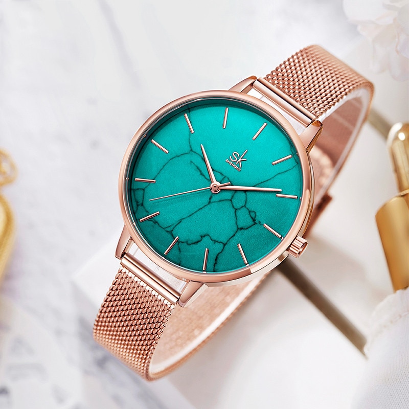 Shengke Women Dress Watch Turquoise Marble Dial Luxury Brand Rose gold Mesh Strap Female Clock Relogio Feminino