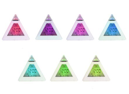 Pyramid 7 Color Changing Triangular Silent Alarm Clock Kids Student Night Light Desk Clock Temperature Time Date Timer