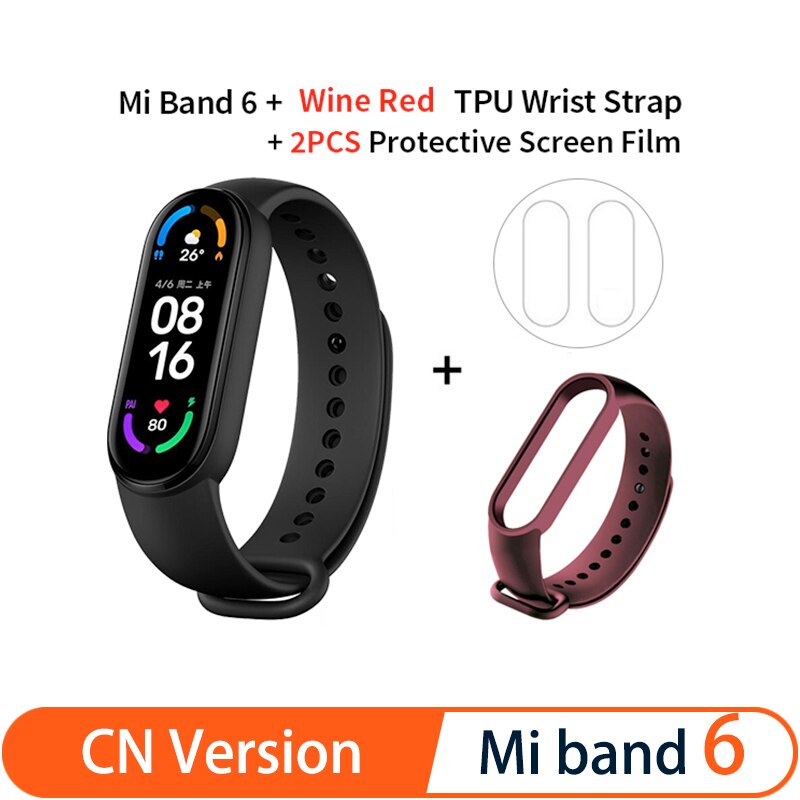 Xiaomi Mi Band 6 Smart Bracelet 5 Color AMOLED Screen Miband 6 Blood Oxygen Fitness Traker Bluetooth Waterproof Smart Band: CN add Wine Red