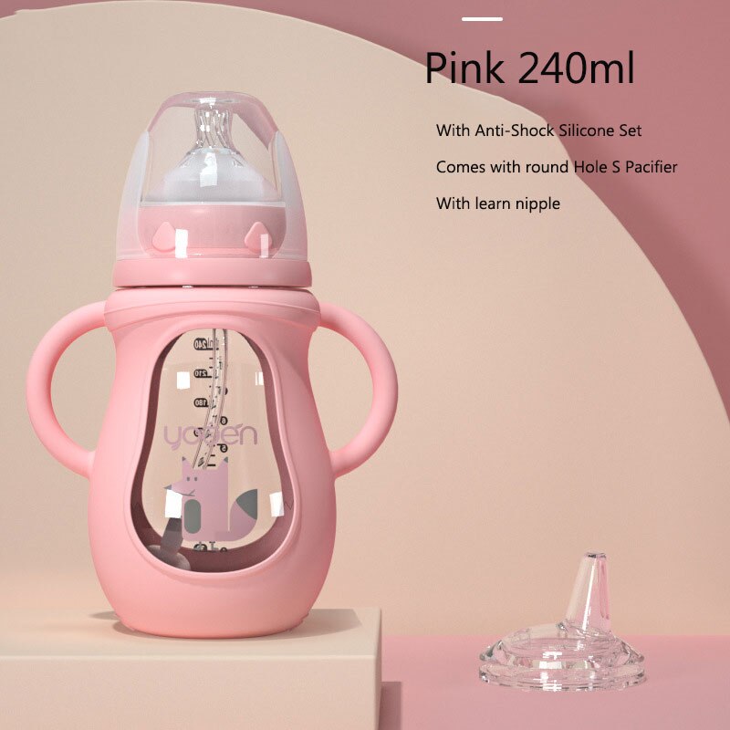 Cute Glass Baby Bottle Silicone Straw Water Drink Bottles For Baby Milk Feeder Set Baby Feeding Bottle Newborn Baby Bottle: Pink 240ml with Dual