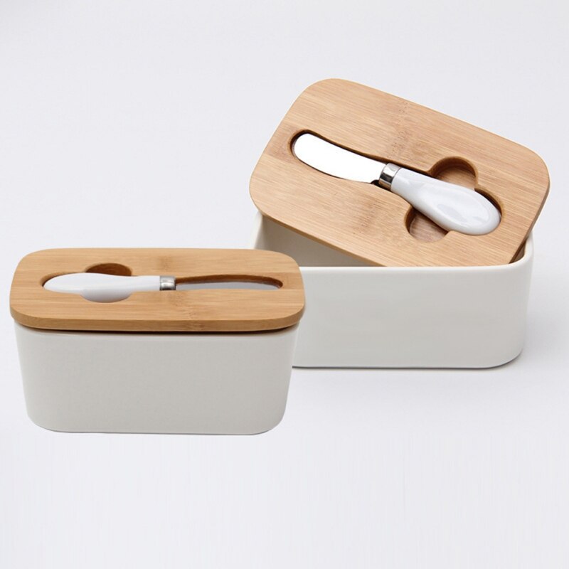 Butter Box with Wood Lid Ceramics Butter Container Cheese Storage Kitchen Accessories
