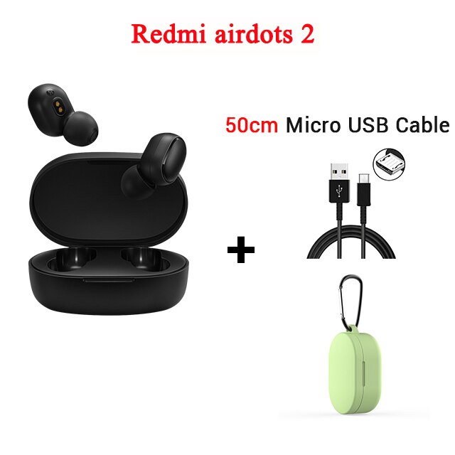 Originale auricolari di trasporto-libero Xiaomi Redmi Airdots 2 senza fili di bluetooth 5.0 auricolari AI controllo Xiaomi Redmi Airdots 2: green case  cable