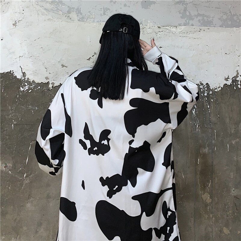 QWEEK Harajuku Shirt Women Korean Style Cow Print Blouses Oversized Streetwear Button Up Shirt Long Sleeve Casual