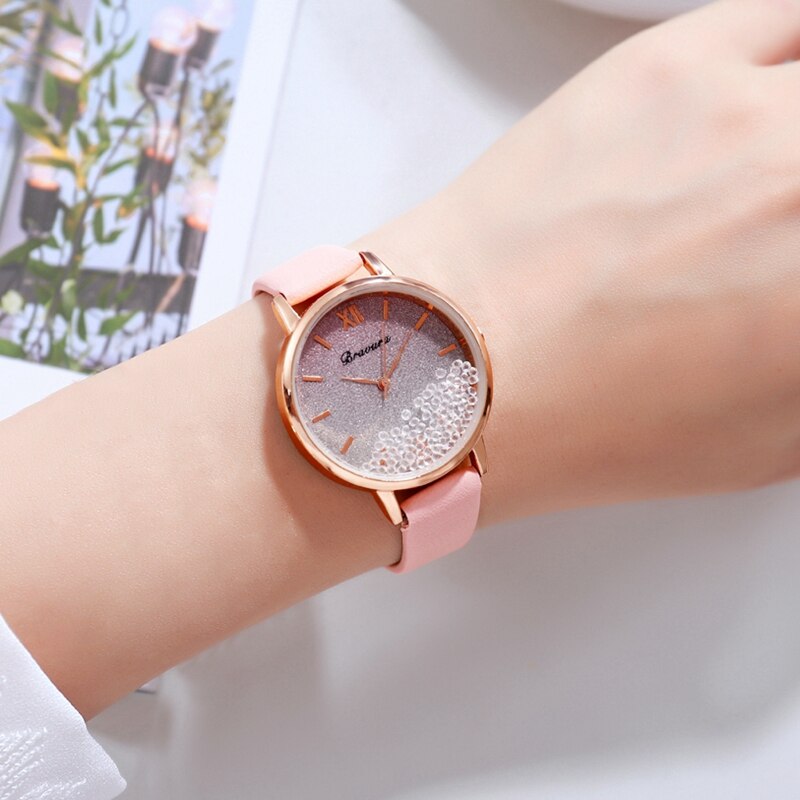 Scroll diamant dames casual leren dameshorloge quartz polshorloge sterrenhemel damesklok reloj mujer relogio feminino: Roze