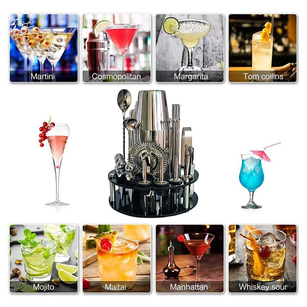 Stainless Steel Cocktail Shaker Mixer Bars Set Tools With Rotationl Stand Drink Bartender Browser Kit