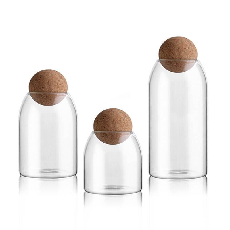 Bouteille ronde en verre de liège sans plomb, bocal scellé, stockage de noix, pot de grains de café rond transparent: 3PC
