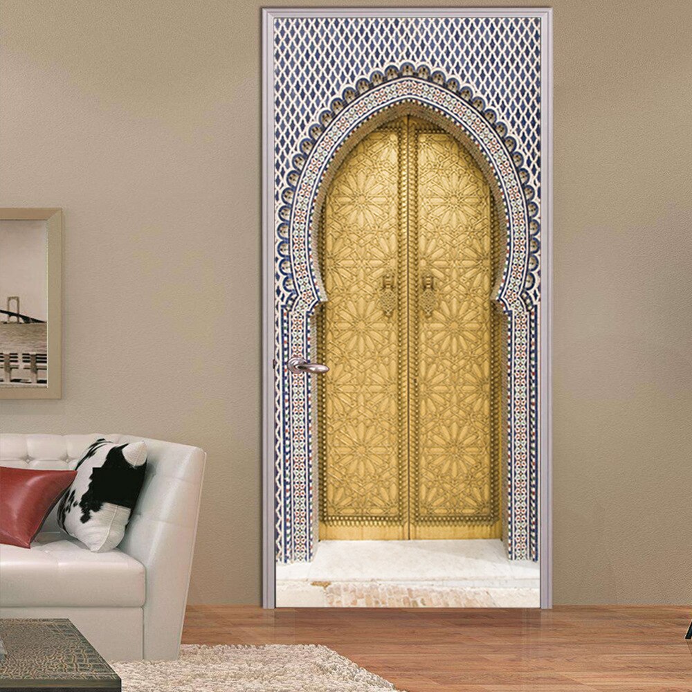 Pegatinas 3D para puerta, decoración del hogar, estilo árabe, pintura de pared de Puerta Dorada, calcomanías de papel tapiz, decoración del hogar para habitación