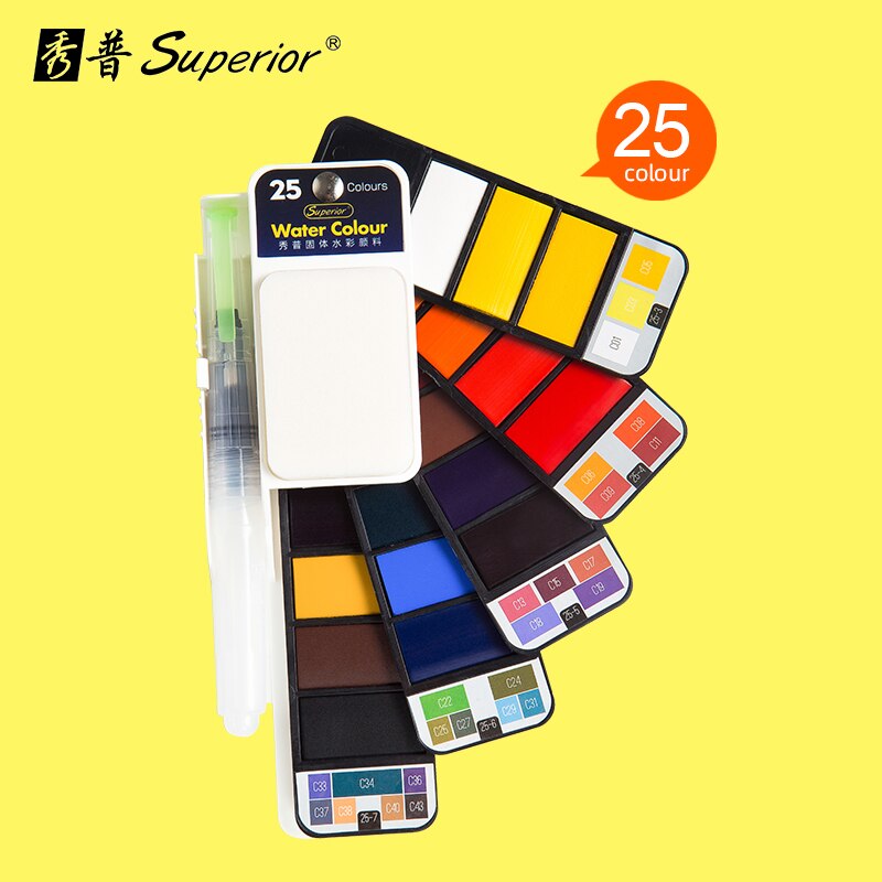 Superior 42Colors Big Set Solid Watercolor Paint With Water Brush Pen Foldable Travel Water Color Pigment For Beginner Student: 25color with 6gifts