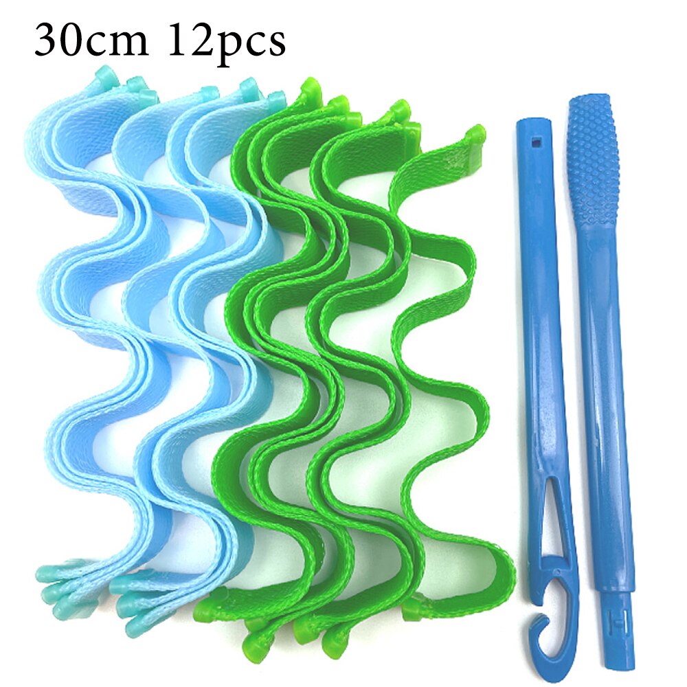 Rizadores de pelo mágicos para mujer, sin calor rodillo de pelo, ondas en espiral sin calor, belleza suave, noche, permanente, herramientas de peinado, 12 piezas: Blue and Green