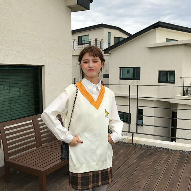 Sweter kamizelka kobiety owoce naszywane patchworkowe jesienne damskie piękne znosić moda swetry student wszystkie mecze proste luźne ins