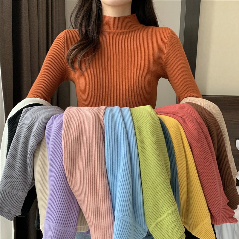 Zjaiss 2025 Herfst Basic Dieptepunt Trui Top Vrouwen Geribbelde Zachte Mock Hals Elastische Trui Warme Effen Kleur Slanke Jumper