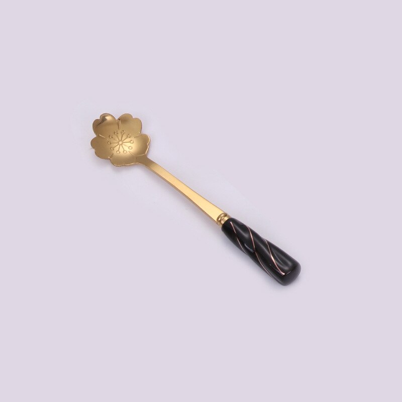 Cuchara de postre de cereza dorada japonesa creativa, mango de cerámica bonito, cuchara agitadora de café de acero inoxidable, , 1 ud.: Gold Black