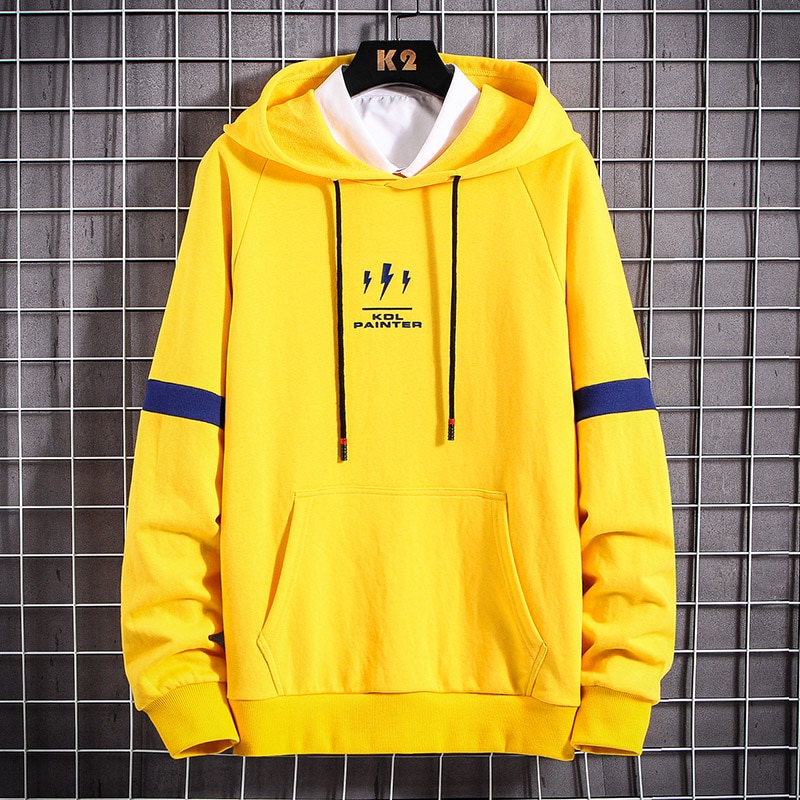 Hip hop hættetrøjer med hættetrøjer til mænd trykt lyn kol painter herre sweatshirts hættetrøjer med store lommer gul hvid hættetrøje: Gul / M