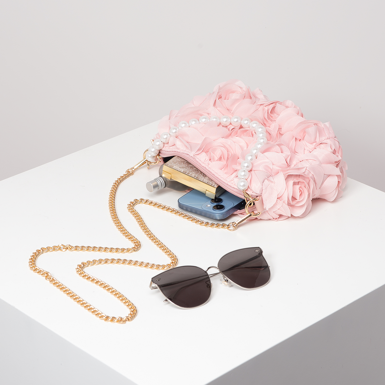 sac de dîner fleur rose, sac à main en fausse perle, sac à bandoulière chaîne en métal, sac de mariée (motif aléatoire)