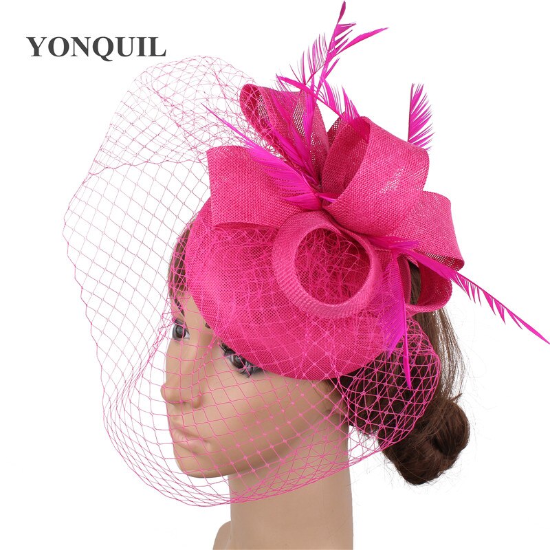 Bruid Bruiloft Witte Hoofddeksel Elegante Dames Mariage Mesh Tovenaar Hoed Fancy Veils Chapeau Cap Mode Kerk Hoofddeksels Womens: hot pink