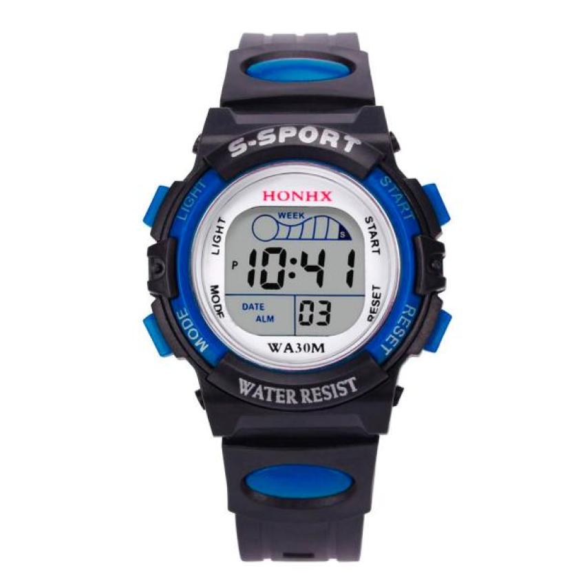 Tijdzone #50 Mode Waterdichte Heren Jongens Digitale Led Sporthorloge Kids Alarm Datum Horloge: Blauw