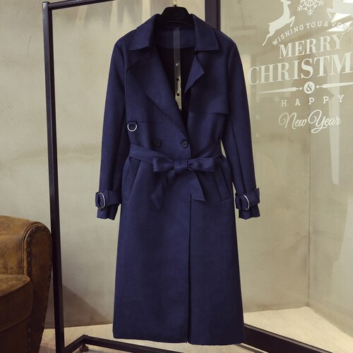 Dames trenchcoat van imitatiesuède, witte jassen met grote revers, bovenkleding, losse lange, slanke overjassen in grote maten: Marineblauw / Xxl