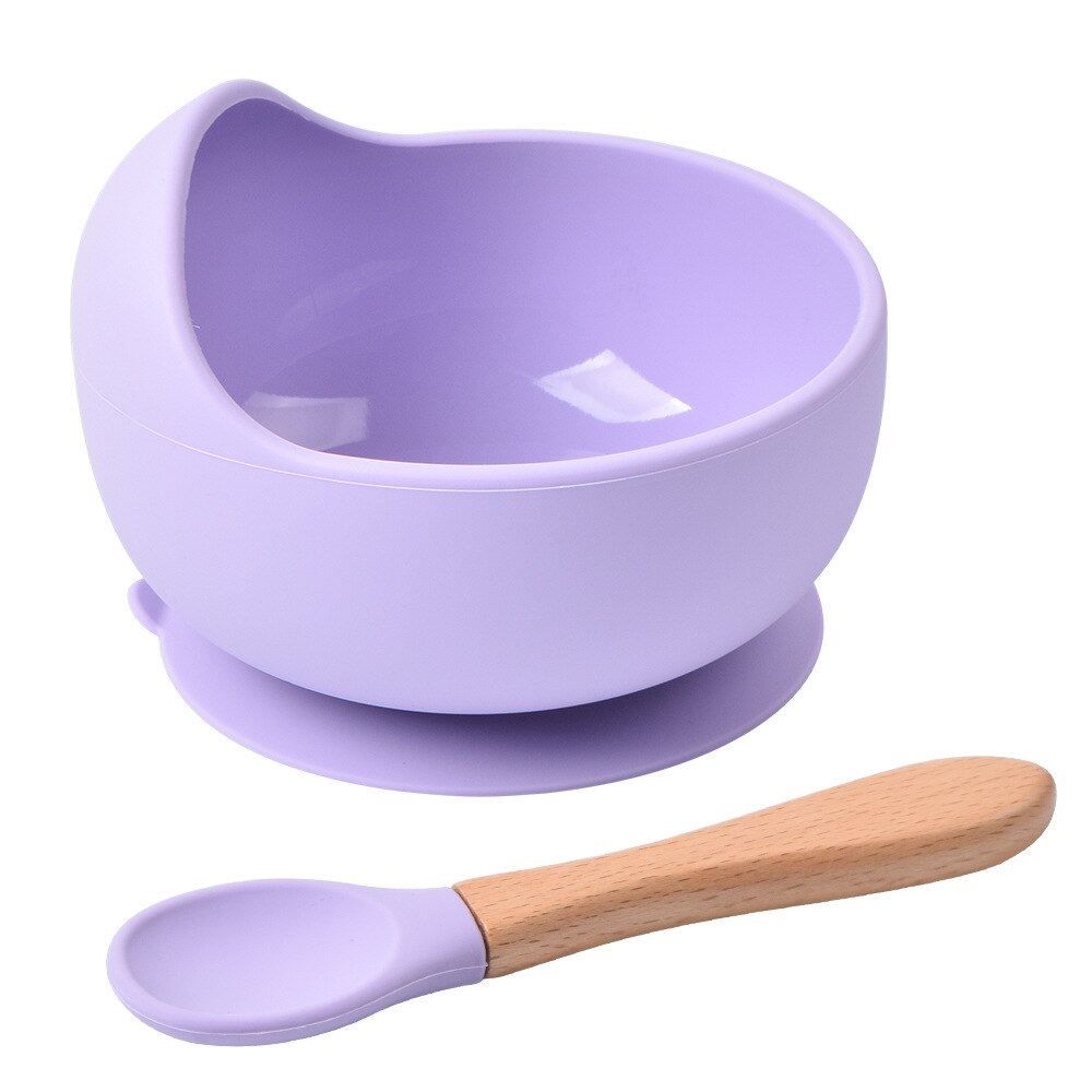Tazón de silicona para bebé, vajilla de alimentación, cuchara de madera, cuenco de succión impermeable, platos antideslizantes, productos de cocina: Purple